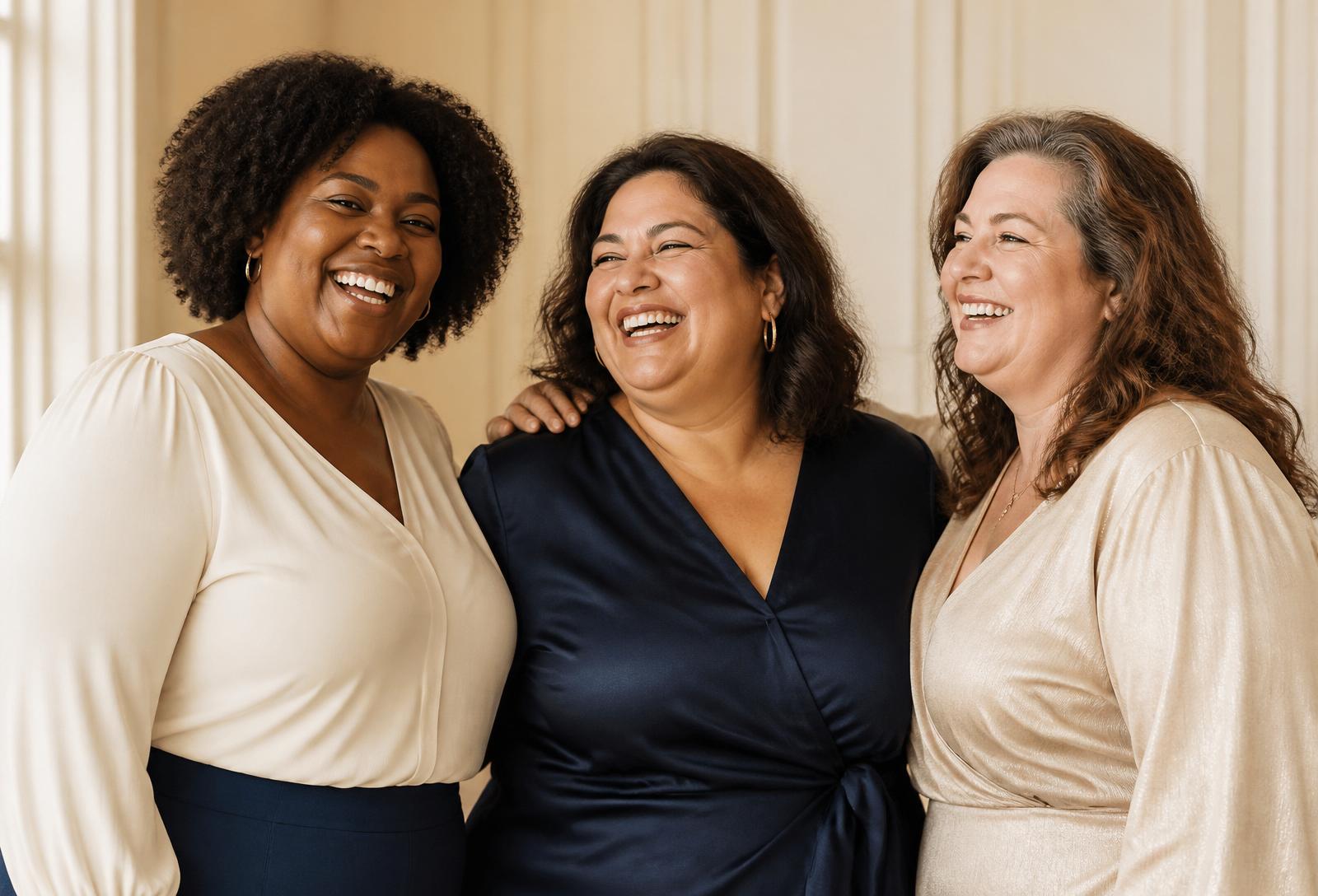 Three smiling women in their 30s to 50s of different ethnicities standing together with warmth and confidence