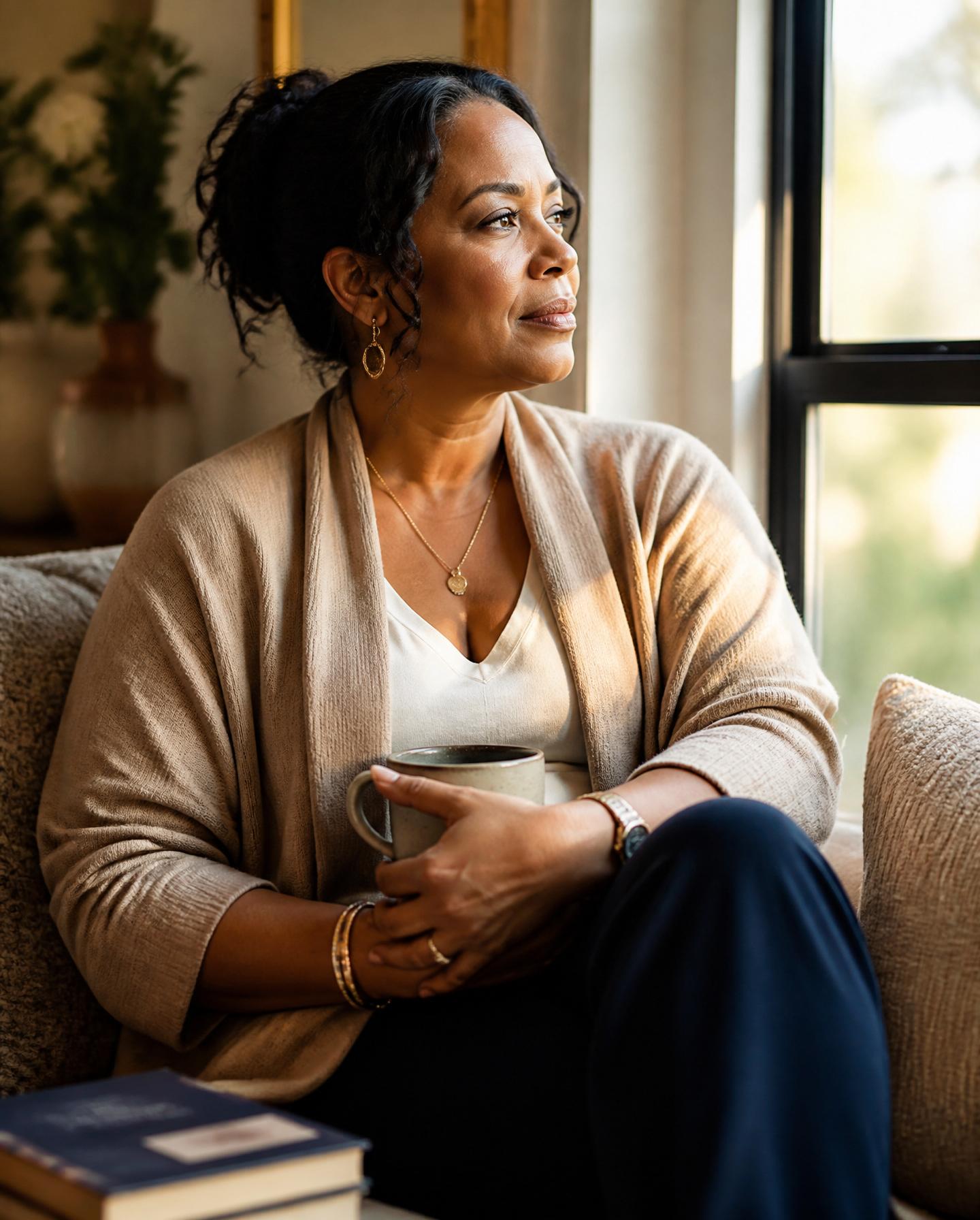 A woman pausing for a quiet moment by a sunlit window
