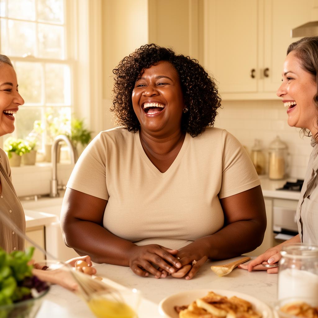 Women supporting each other in a warm, sunlit kitchen