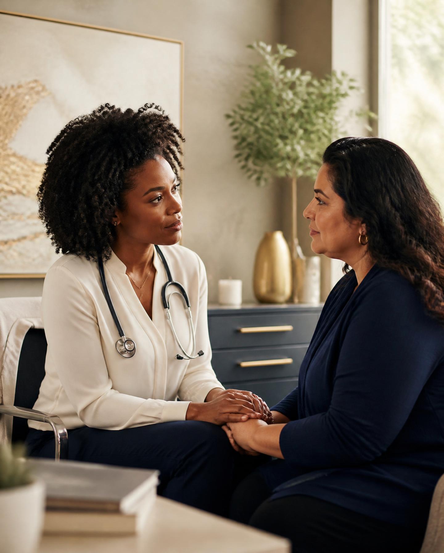 A physician listening attentively to her patient in an unhurried conversation